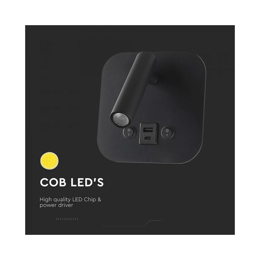 LED-Wand-Spot mit USB-Anschluss LED/8W/230V 3000K schwarz