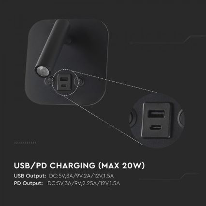 LED-Wand-Spot mit USB-Anschluss LED/8W/230V 3000K schwarz