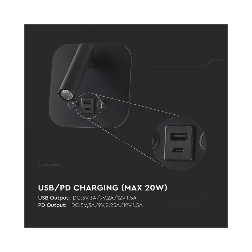LED-Wand-Spot mit USB-Anschluss LED/8W/230V 3000K schwarz