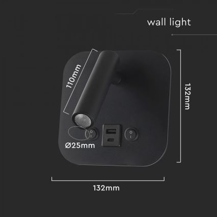 LED-Wand-Spot mit USB-Anschluss LED/8W/230V 3000K schwarz