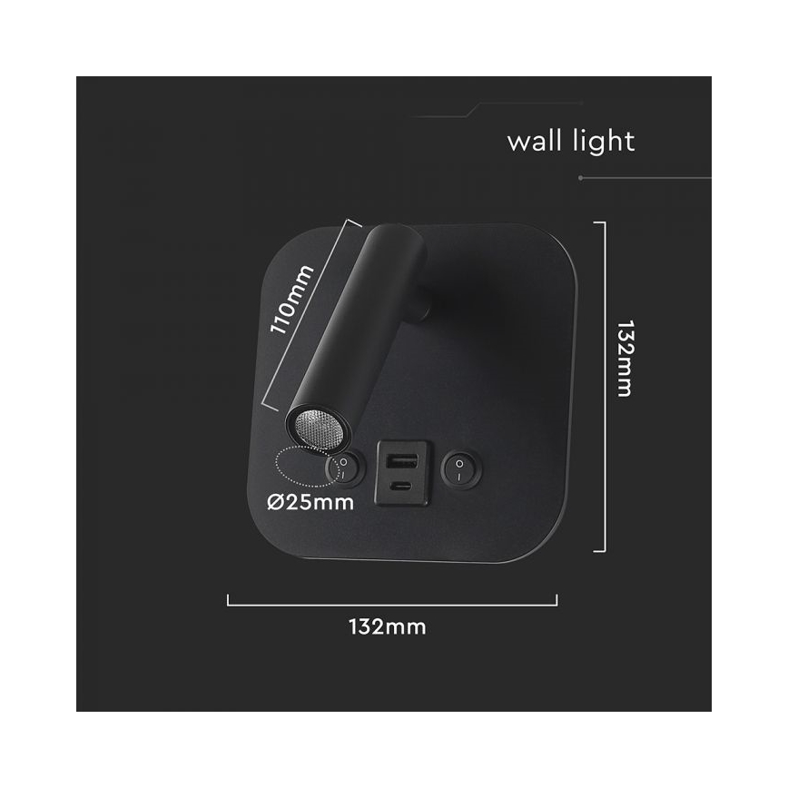 LED-Wand-Spot mit USB-Anschluss LED/8W/230V 3000K schwarz