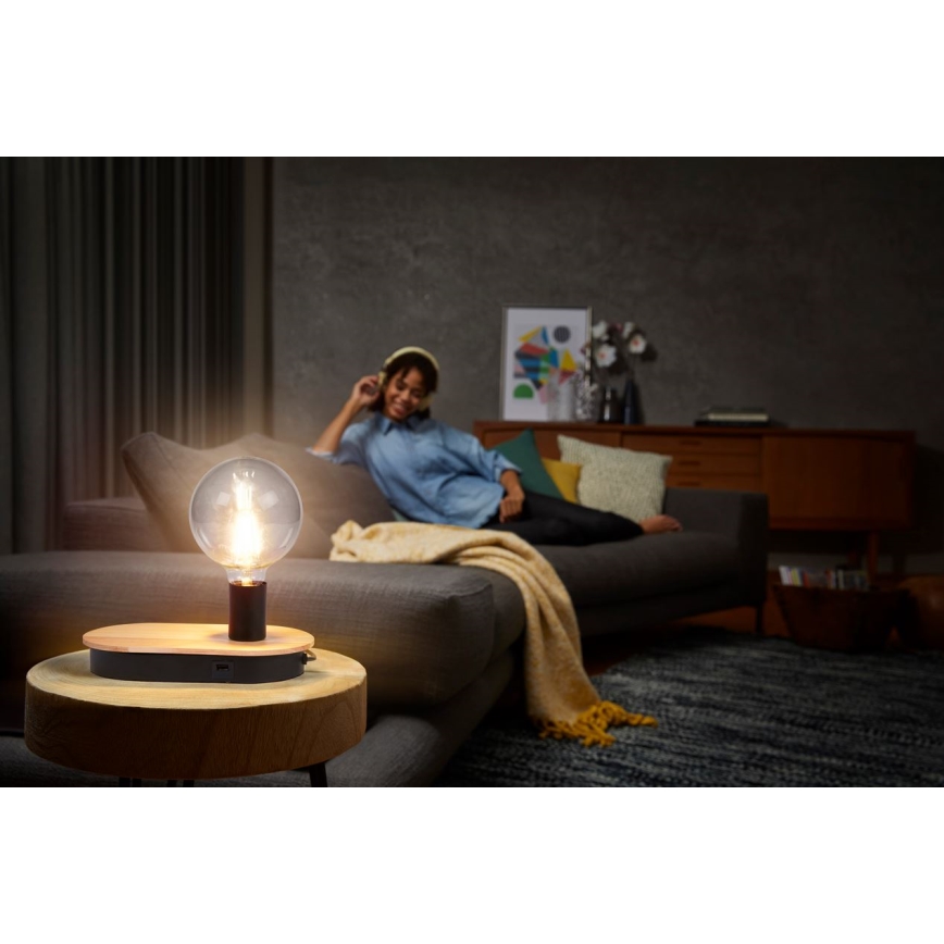 Ledvance - Touch-Tischlampe mit USB-Anschluss DECOR WOOD 1xE27/8W/230V Gummibaum