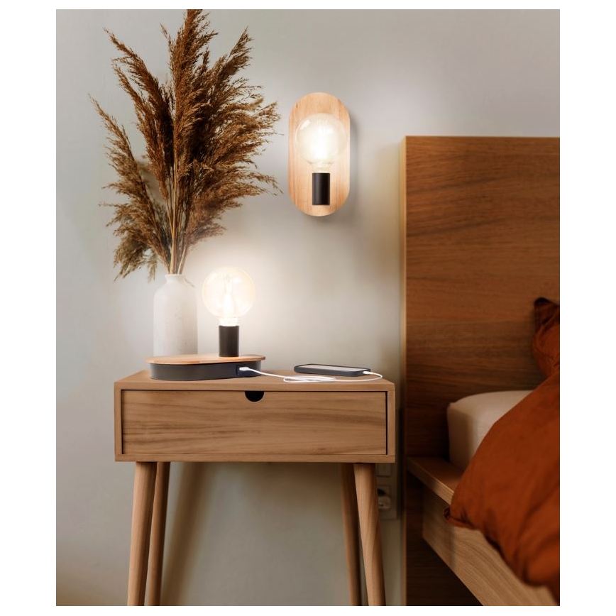 Ledvance - Touch-Tischlampe mit USB-Anschluss DECOR WOOD 1xE27/8W/230V Gummibaum
