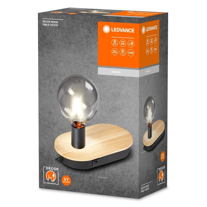 Ledvance - Touch-Tischlampe mit USB-Anschluss DECOR WOOD 1xE27/8W/230V Gummibaum