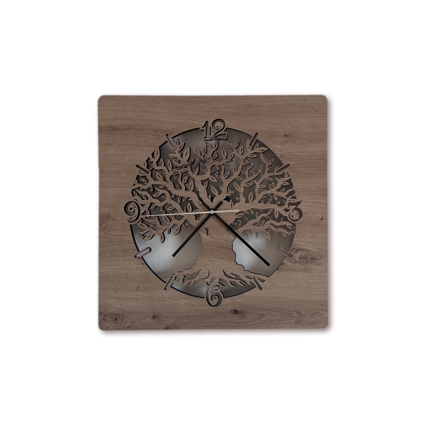 Li-Go 23537/DUB2 - LED-dimmbare Wanduhr LED/10W/5V 20000 mAh 42x42 cm Eiche/Olivenholz rund + Fernbedienung