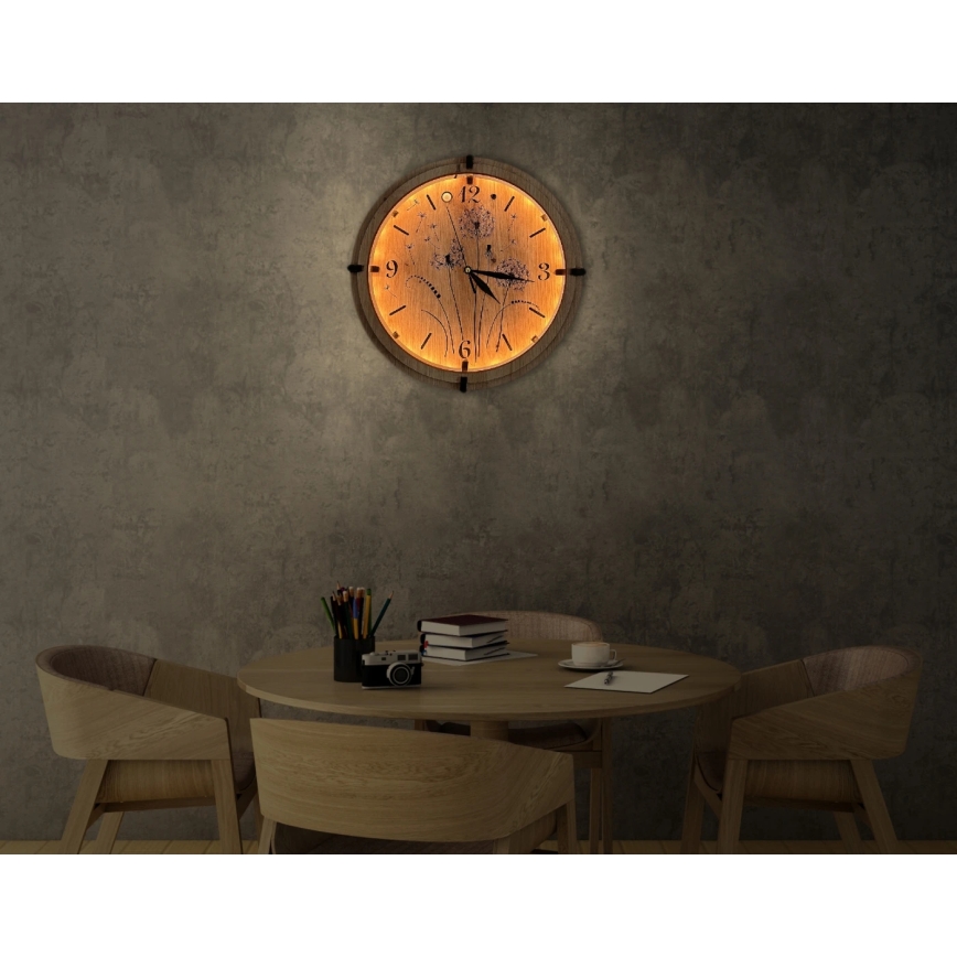 Li-Go 23688/DUB2 - dimmbare LED-Uhr mit Bewegungssensor LED/5V 20000 mAh + 1xAA Ø 32 cm Eiche/Löwenzahn