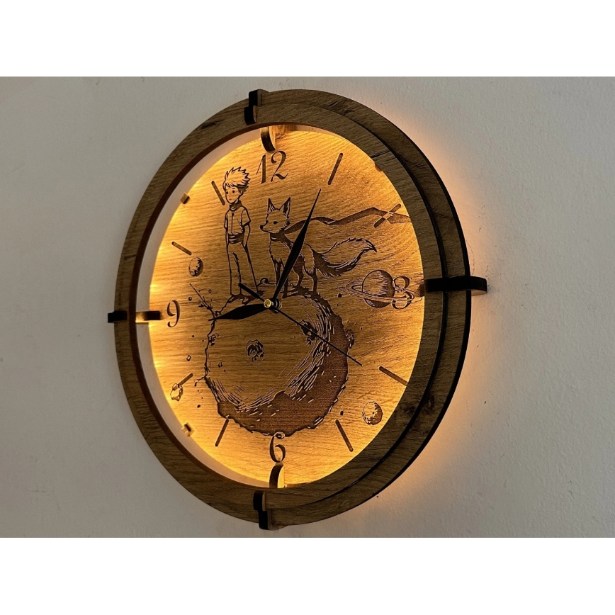 Li-Go 23712/DUB/BAT2 - LED-dimmbare Uhr mit Bewegungssensor LED/10W/5V 20000 mAh + 1xAA Ø 32 cm Eiche/Der kleine Prinz