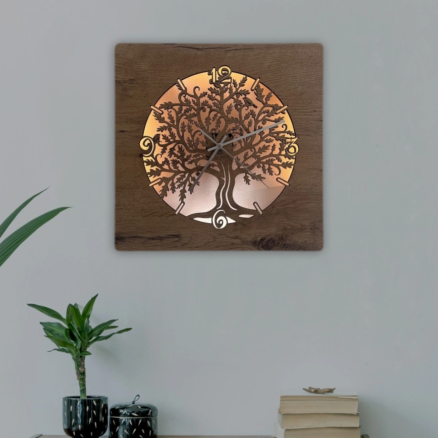 Li-Go 5652/DUB2 - Dimmbare LED-Uhr LED/10W/5V 20000 mAh 42x42 cm Eiche/Eiche im Kreis + Fernbedienung