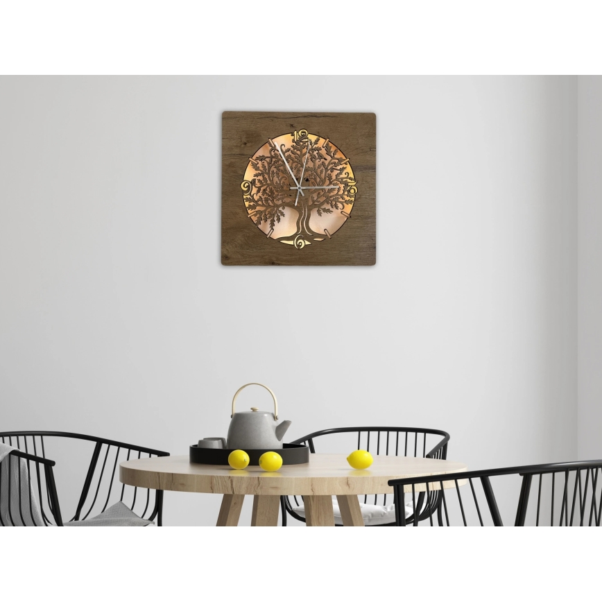 Li-Go 5652/DUB2 - Dimmbare LED-Uhr LED/10W/5V 20000 mAh 42x42 cm Eiche/Eiche im Kreis + Fernbedienung