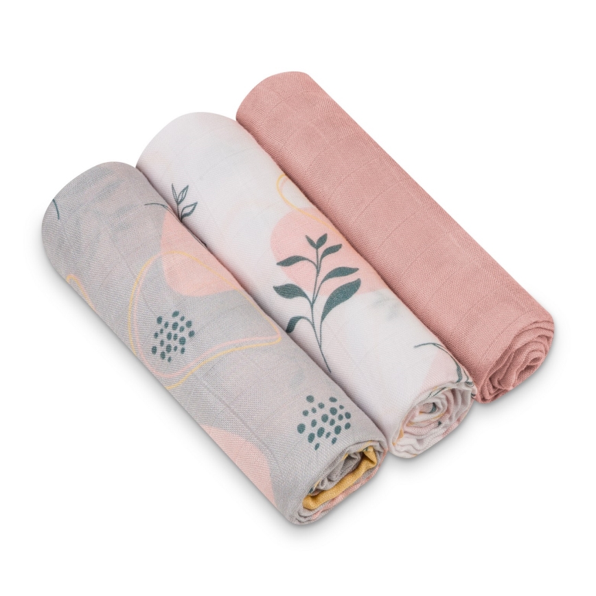Lionelo - 3er-Set Bambus-Mulltücher 70x70 cm, Motiv Leaf