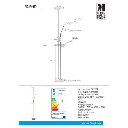 Markslöjd 107009 - LED Dimmbare Stehlampe FRIEND LED/18W/230V + LED/5W