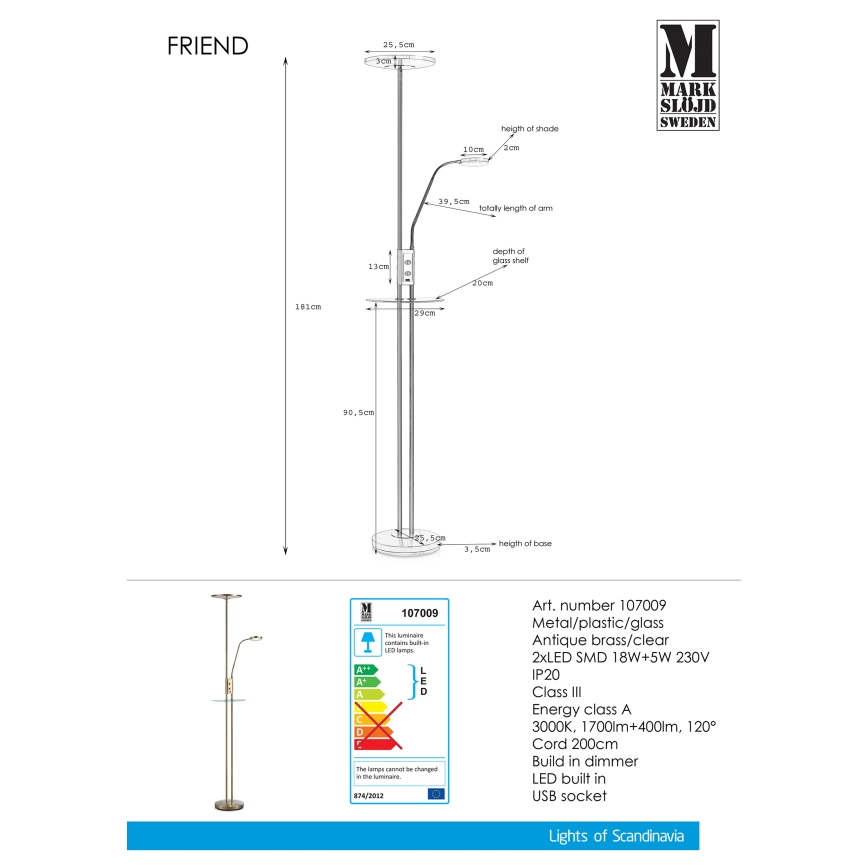 Markslöjd 107009 - LED Dimmbare Stehlampe FRIEND LED/18W/230V + LED/5W