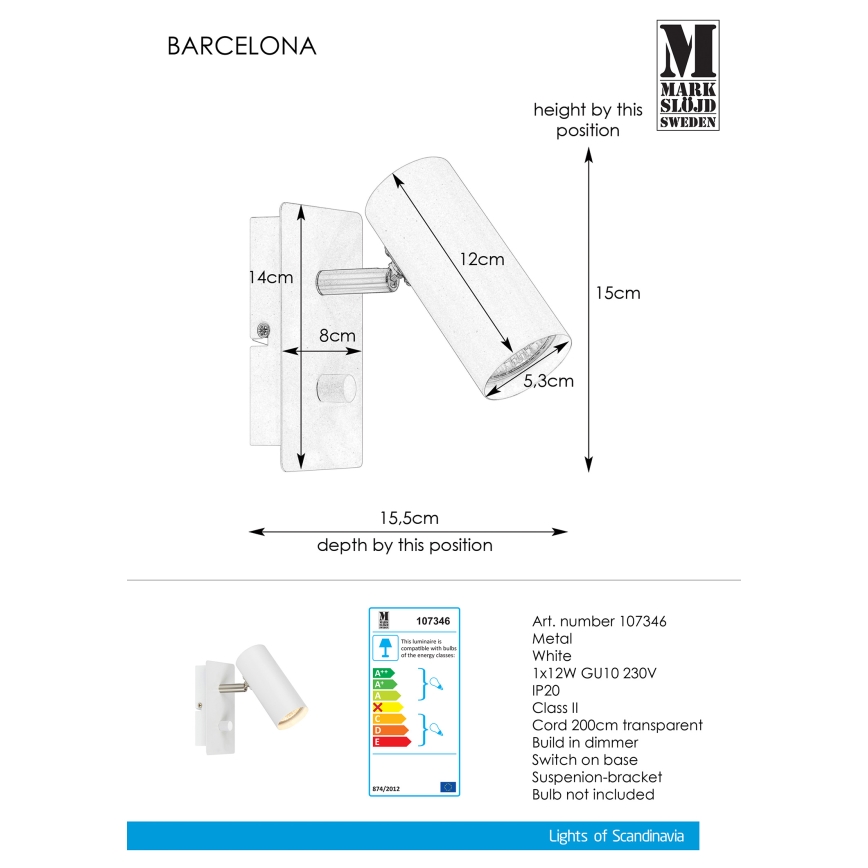 Markslöjd 107346 - Dimmbares Wandleuchten-Spot BARCELONA 1xGU10/12W/230