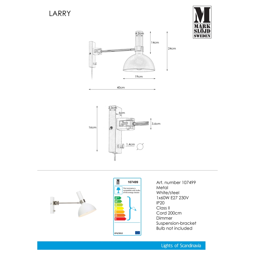 Markslöjd 107499 - Dimmbares Wandleuchte LARRY 1xE27/60W/230V