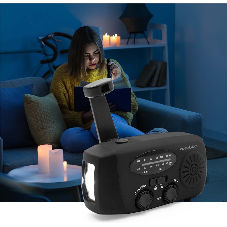 Kurbelbetriebenes AM/FM-Radio mit Solarpanel und integrierter LED-Taschenlampe, 2000-mAh-Akku