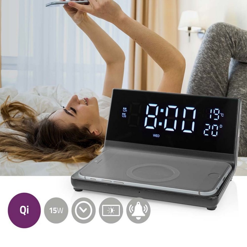 Wecker mit LCD-Display und kabellosem Ladegerät 15W/5V + 1xCR2032 schwarz