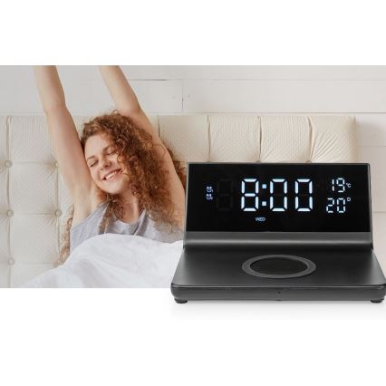 Wecker mit LCD-Display und kabellosem Ladegerät 15W/5V + 1xCR2032 schwarz