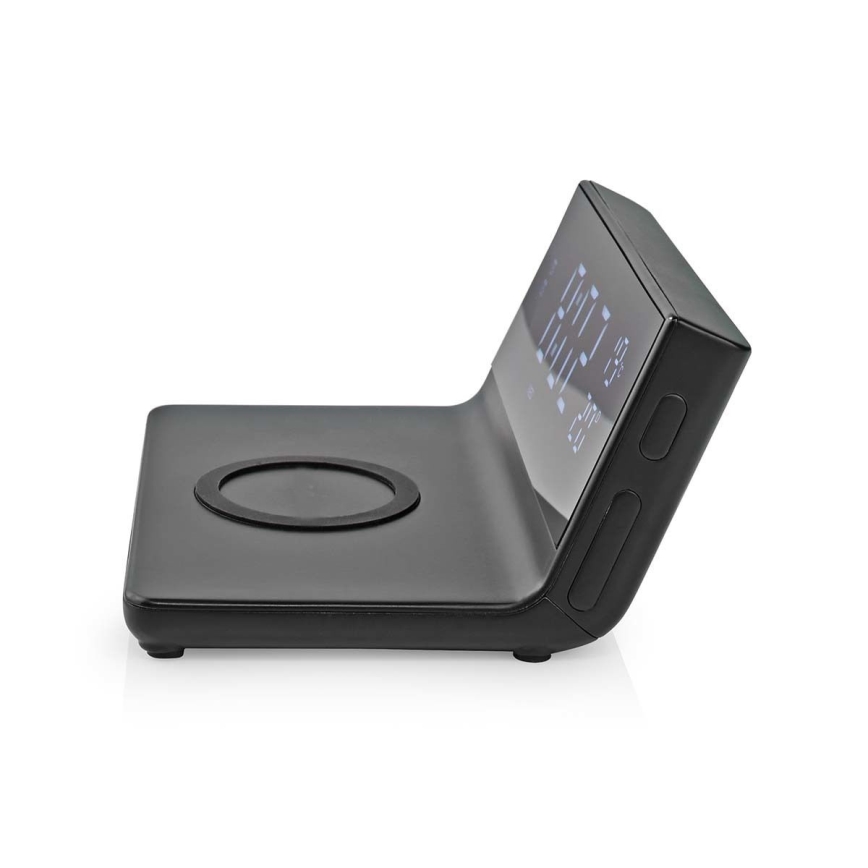 Wecker mit LCD-Display und kabellosem Ladegerät 15W/5V + 1xCR2032 schwarz