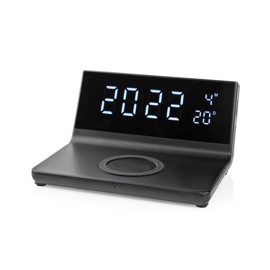 Wecker mit LCD-Display und kabellosem Ladegerät 15W/5V + 1xCR2032 schwarz
