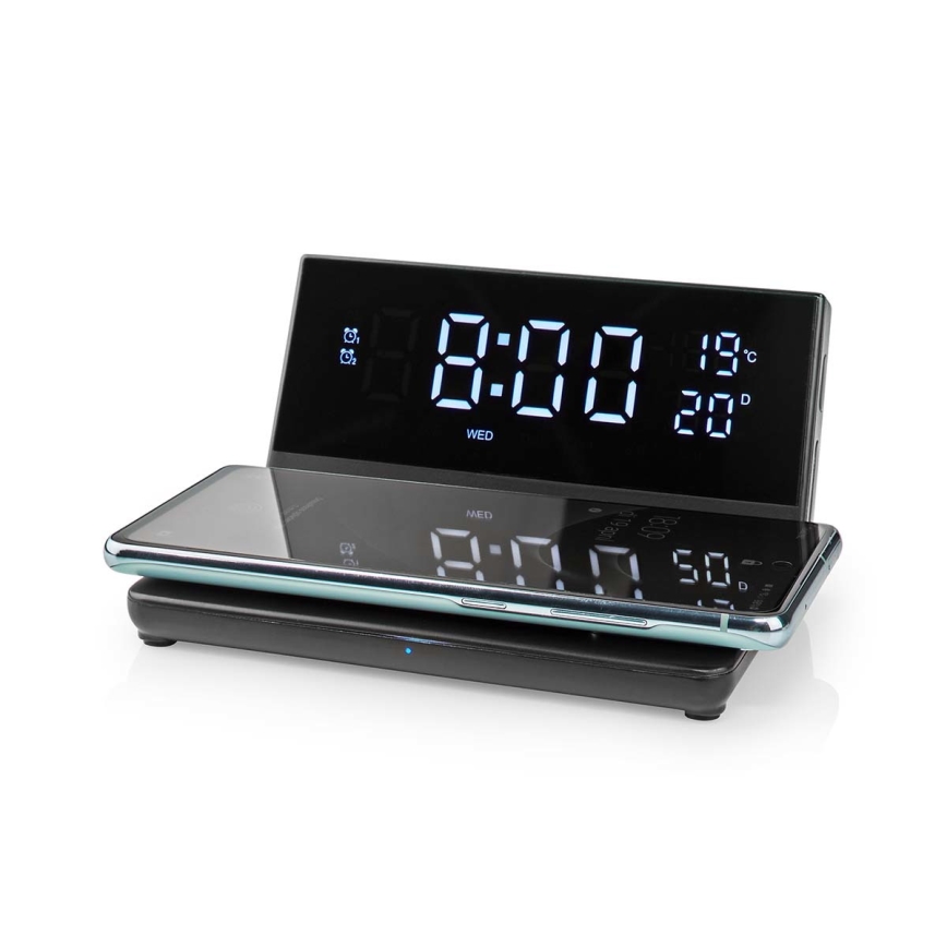 Wecker mit LCD-Display und kabellosem Ladegerät 15W/5V + 1xCR2032 schwarz