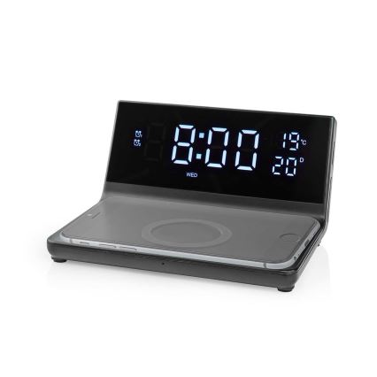 Wecker mit LCD-Display und kabellosem Ladegerät 15W/5V + 1xCR2032 schwarz