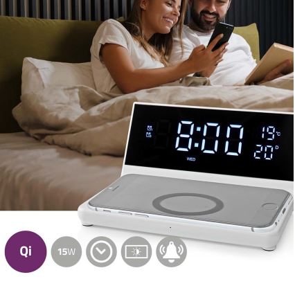Wecker mit LCD-Display und kabellosem Ladegerät 15W/5V + 1xCR2032 weiß