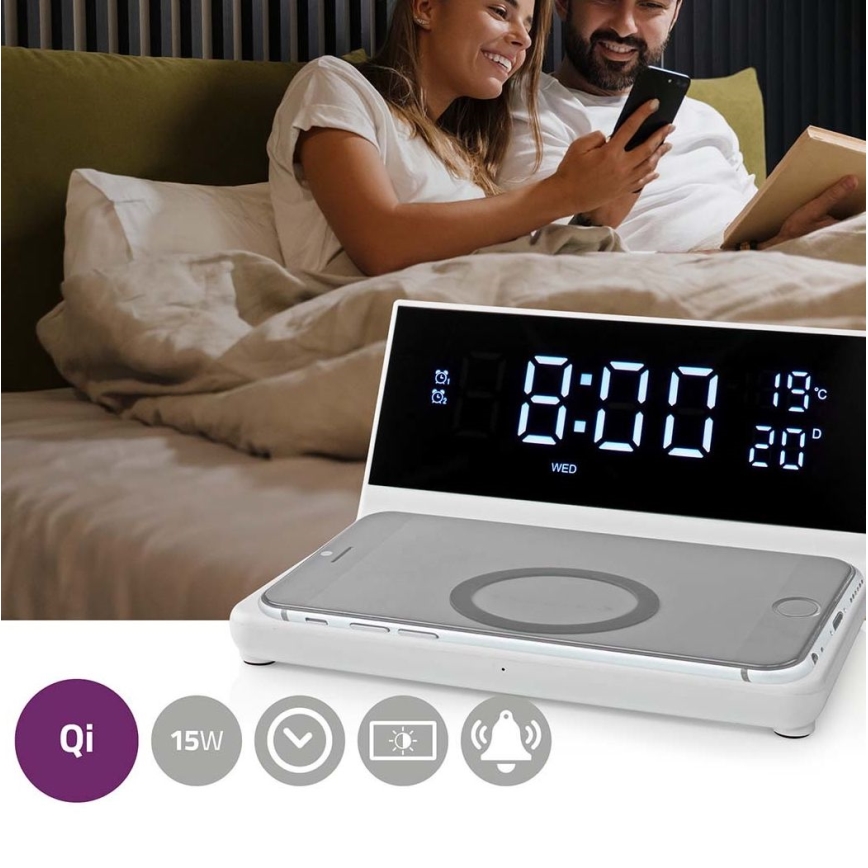 Wecker mit LCD-Display und kabellosem Ladegerät 15W/5V + 1xCR2032 weiß