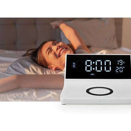 Wecker mit LCD-Display und kabellosem Ladegerät 15W/5V + 1xCR2032 weiß