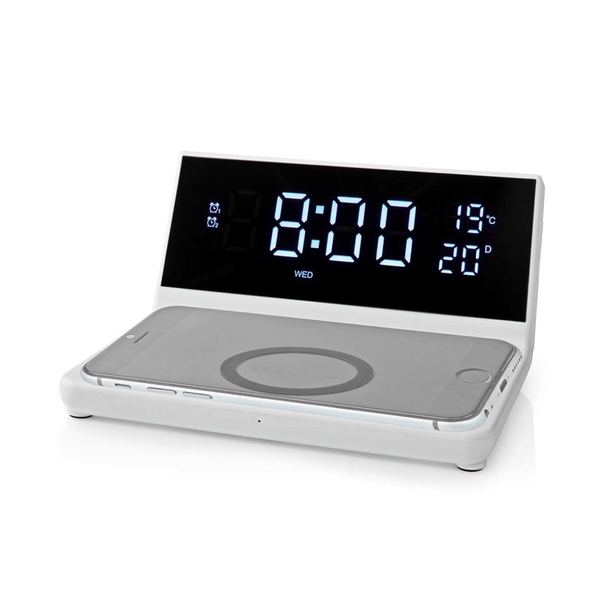 Wecker mit LCD-Display und kabellosem Ladegerät 15W/5V + 1xCR2032 weiß