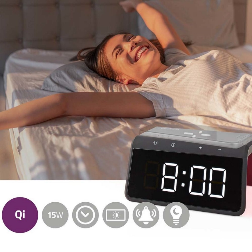 Wecker mit LCD-Display und kabellosem Ladegerät 15W/5V 1xCR2032 schwarz