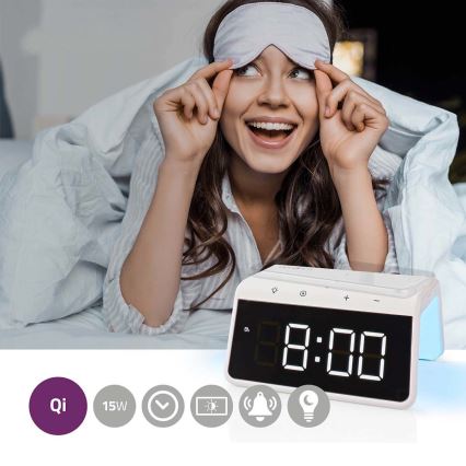 Wecker mit LCD-Anzeige und kabellosem Ladegerät 15W/230V 1x CR2032 weiß