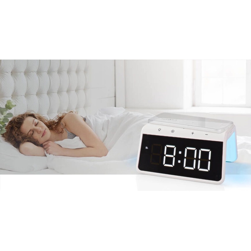 Wecker mit LCD-Display und kabellosem Ladegerät 15W/5V 1xCR2032 weiß