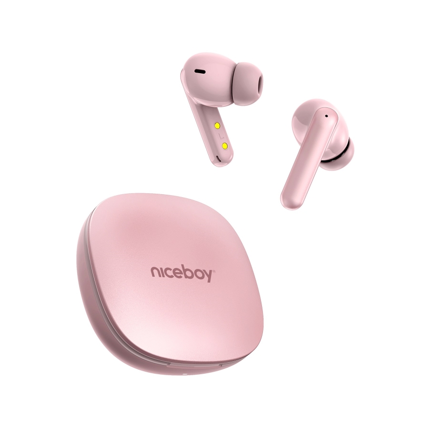 Niceboy Pins 4 PRO – Kabellose In‑Ear‑Kopfhörer mit ANC, 380 mAh Ladeetui + 2×35 mAh Ohrhörer, IP54, rosa