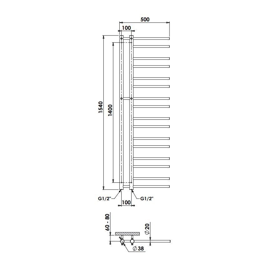 P.M.H. T2B-L - Handtuchheizkörper THEIA für Badezimmer, 352 W, 154 cm, links, schwarz