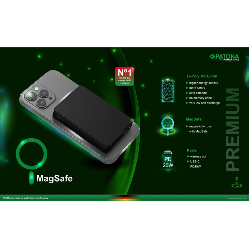 PATONA - Powerbank 10000mAh Li-Pol-PD20W MagSafe USB-C und Qi Ladefunktion