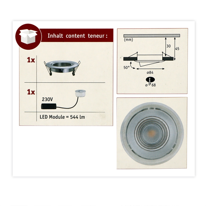 Paulmann 93946 - LED/6,8W IP23 Dimmbare Einbauleuchte für Badezimmer COIN 230V