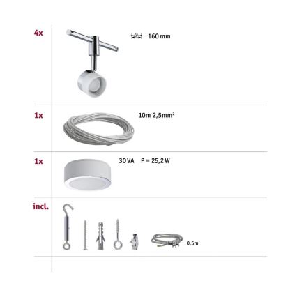 Paulmann 94080 - SET 4xLED/4,8W Einbaustrahler für Seilsystem STAGE 230V glänzender Chrom