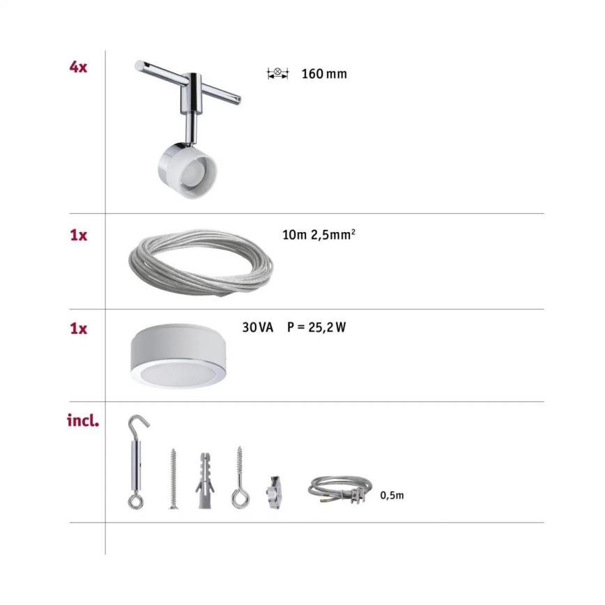 Paulmann 94080 - SET 4xLED/4,8W Einbaustrahler für Seilsystem STAGE 230V glänzender Chrom