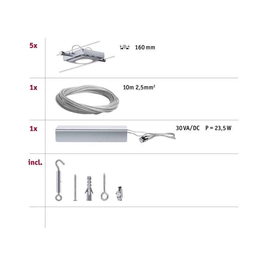Paulmann 94108 - SET 5xLED/4,3W Einbauleuchte für Seilsystem MAC 230V mattchrom