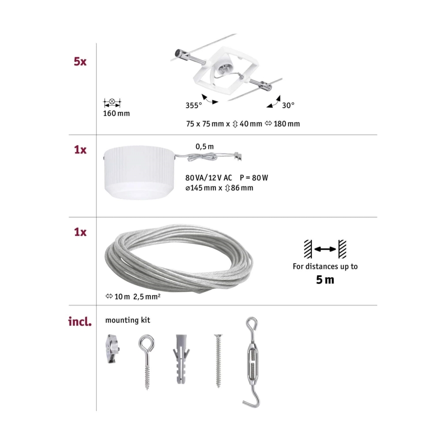 Paulmann 94134 - SET 5xGU5,3/10W Einbauleuchte für Seilsystem MAC 230V weiß