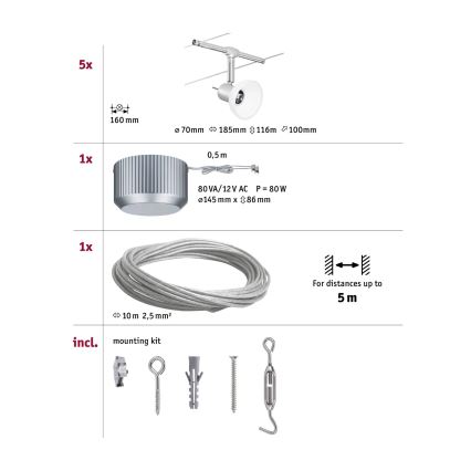 Paulmann 94136 - SET 5xGU5,3/10W Einbaustrahler für Seilsystem SHEELA 230V glänzender Chrom