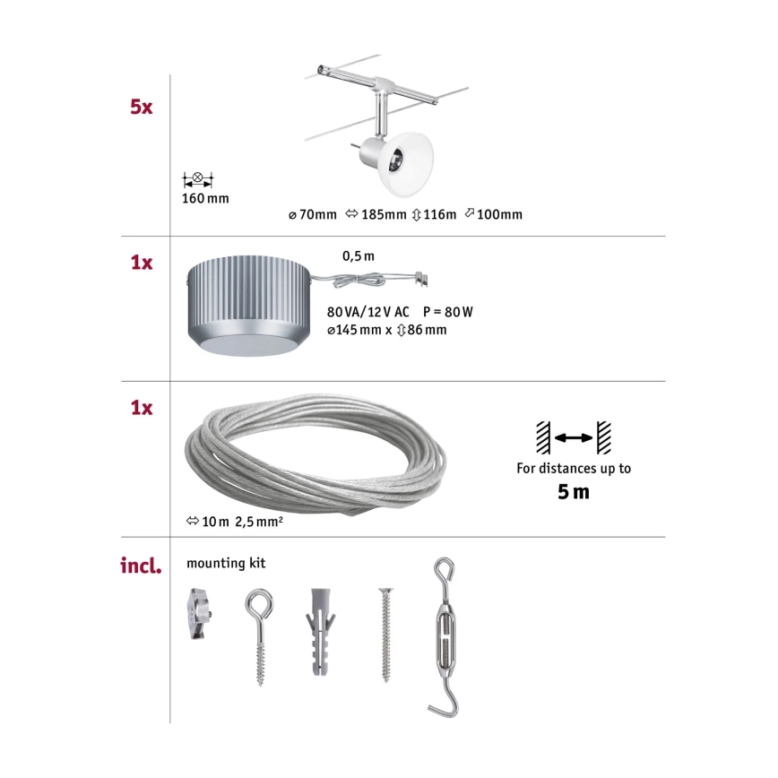 Paulmann 94136 - SET 5xGU5,3/10W Einbaustrahler für Seilsystem SHEELA 230V glänzender Chrom