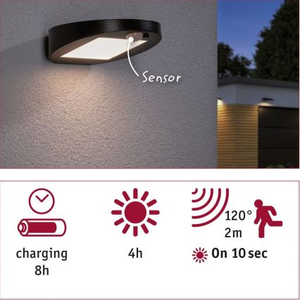 Paulmann 94246 - LED/1,2W IP44 Außen-Solarleuchte mit Sensor RYSE 3,7V 1800 mAh