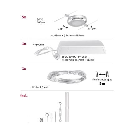 Paulmann 94414 - SET 5xLED/4,5W Einbauleuchte für Seilsystem ROUNDMAC 230V glänzender Chrom