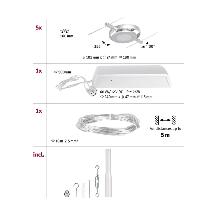 Paulmann 94414 - SET 5xLED/4,5W Einbauleuchte für Seilsystem ROUNDMAC 230V glänzender Chrom