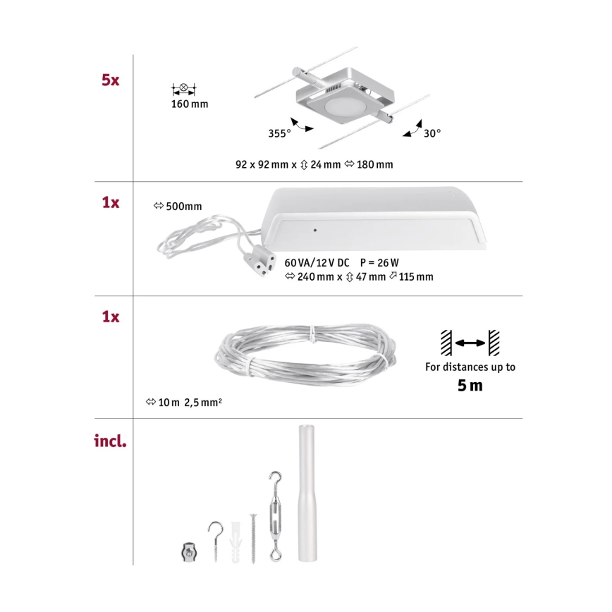Paulmann 94420 - SET 5xLED/4,5W Einbauleuchte für Seilsystem MAC 230V mattchrom