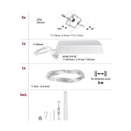 Paulmann 94430 - SET 5xGU5,3/10W Einbaustrahler für Seilsystem MAC 230V mattchrom