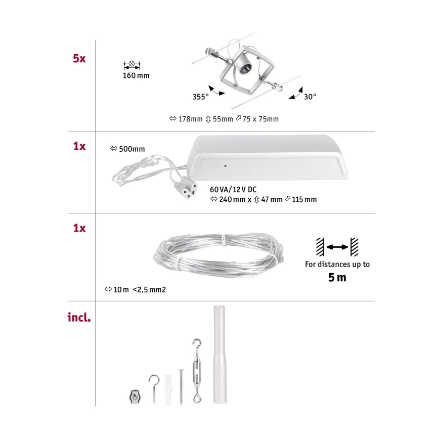 Paulmann 94430 - SET 5xGU5,3/10W Einbaustrahler für Seilsystem MAC 230V mattchrom