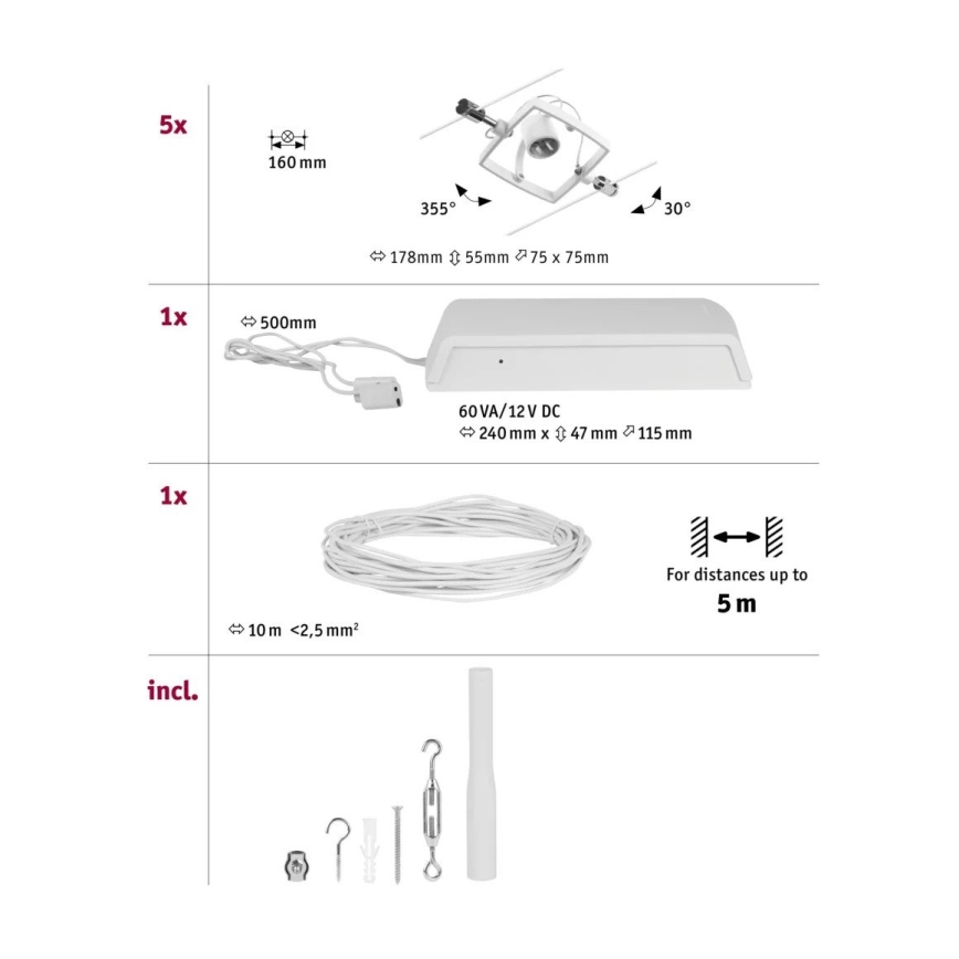Paulmann 94432 - SET 5xGU5,3/10W Einbauleuchte für Seilsystem MAC 230V weiß