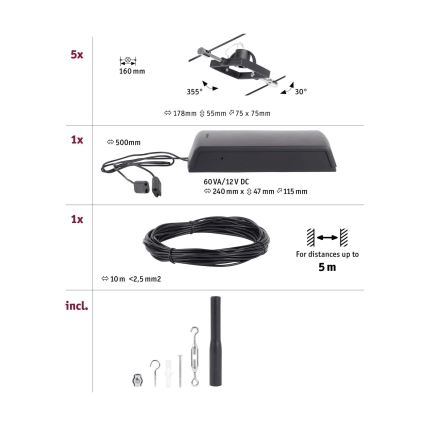 Paulmann 94434 - SET 5xGU5,3/10W Einbauleuchte für Seilsystem MAC 230V schwarz
